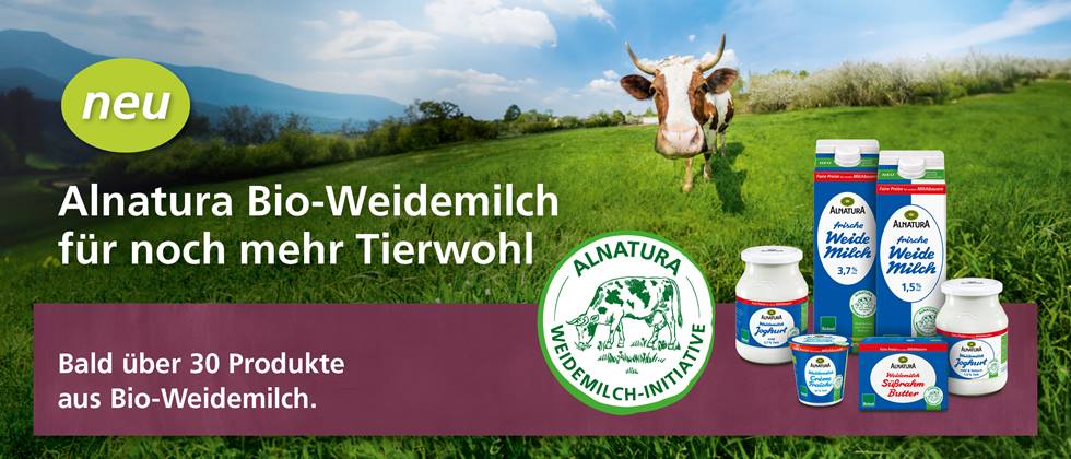 Weitwinkelaufnahme einer Kuh auf der Weide. Davor Siegel der "Alnatura Weidemilch-Initiative" mit sechs Alnatura Weidemilch-Produkten