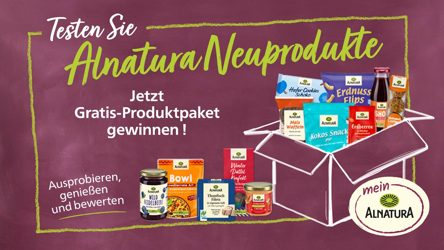 Das Bild zeigt eine Werbeanzeige für einen Mein Alnatura Produkttest. Im Mittelpunkt steht die Aufforderung, Alnatura-Neuprodukte zu testen und die Chance zu nutzen, ein Gratis-Produktpaket zu gewinnen. Die Produkte werden in einer weißen, skizzenhaften Geschenkbox präsentiert und umfassen verschiedene Artikel wie Hafer Cookies, Erdnuss Flips, Kokos Snacks, Thunfisch, Tomatencreme, Fruchtauchstrich Wild Heidelbeere, Trockenfrüchte, Winter Dattel Konfekt und Bowl mediterrane Art. Der Aufruf lautet, die Produkte auszuprobieren, zu genießen und zu bewerten. Das Mein Alnatura-Logo ist prominent im unteren rechten Bereich platziert. Der Hintergrund ist einfarbig violett.