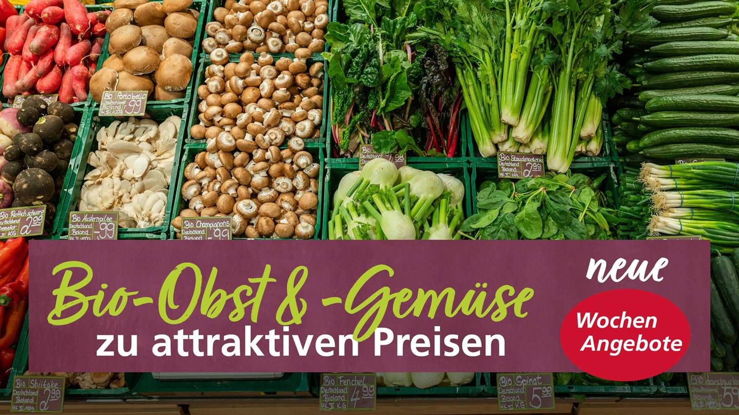Alnatura: neue Wochenangebote. Bio-Obst &-Gemüse zu attraktiven Preisen. Auf dem Bild sieht man verschiedene Gemüsesorten