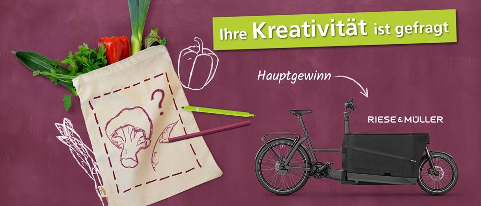 Gestaltung zur Mitmachaktion mit Hauptpreis Fahrrad von Riese & Müller und dem zu gestaltenden Obstbeutel