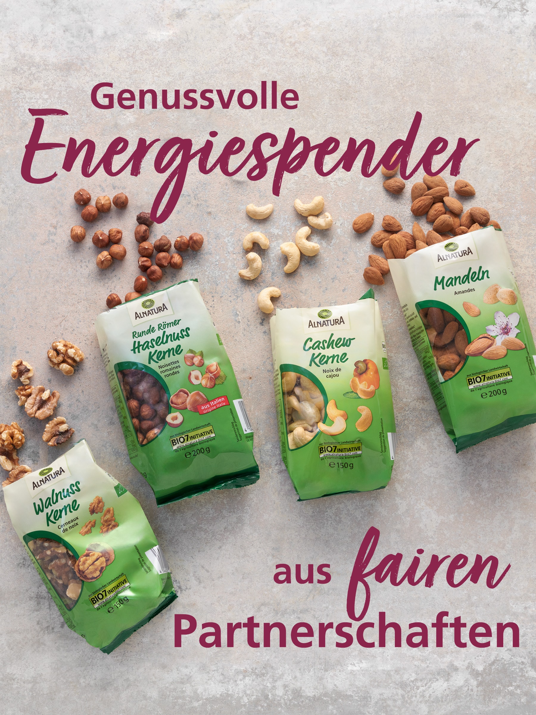 Alnatura Produkte Walnusskerne, Haselnusskerne, Cashewkerne und Mandeln als genussvolle Energiespender aus fairen Partnerschaften