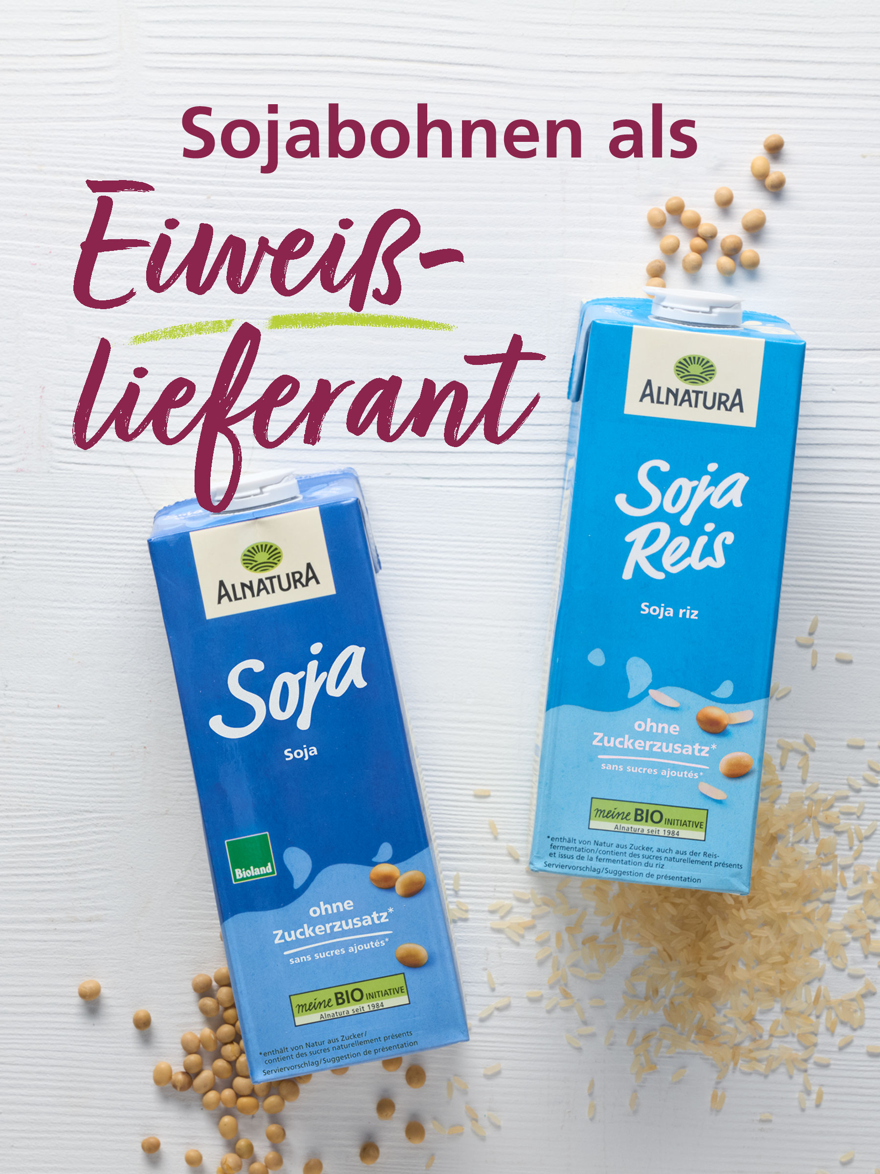 Werbetafel für pflanzliche Alnatura Produkt-Alternativen zu Kuhmilch und Milchprodukten