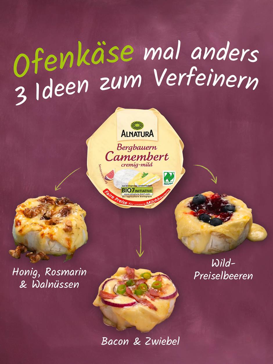 Es werden 3 Rezpt-Ideen zum Verfeinern eines Camembert im Ofen gezeigt. Camembert mit Honig, Rosmarin & Walnüssen, Camembert mit Wild-Preiselbeeren, und Camembert mit Bacon und Zwiebeln
