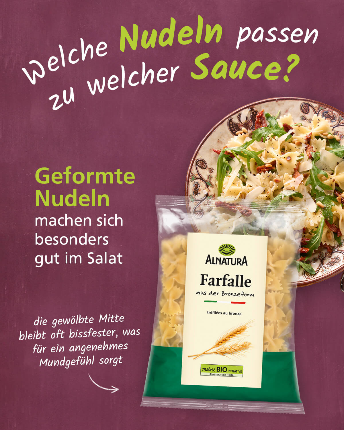 Im Vordergrund ist eine Packung Farfalle zu sehen, daneben ein Teller mit einem Nudelsalat, der diese Nudeln enthält. Die Überschrift lautet "Welche Nudeln passen zu welcher Sauce?" und "geformte Nudeln machen sich besonders gut im Salat" und "die gewölbte Mitte bleibt oft bissfester, was für ein angenehmes Mundgefühl sorgt".