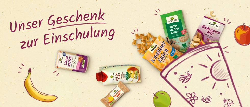 Alnatura Produkte, die aus einer gezeichneten Schultüte purzeln