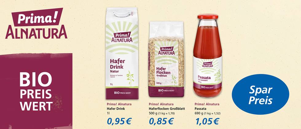 Vier Alnatura-Bio-Produkte nebeneinander: Hafer Drink, Hafer Flocken, Passata und Dinkel Mehl, dazu Text mit Sparpreis und günstigstem Preis einer Warengruppe