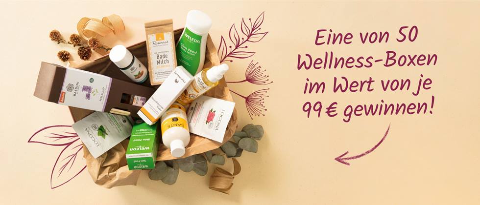 Produkte, die beim Alnatura Naturkosmetik-Gewinnspiel verlost werden, in einer Kiste