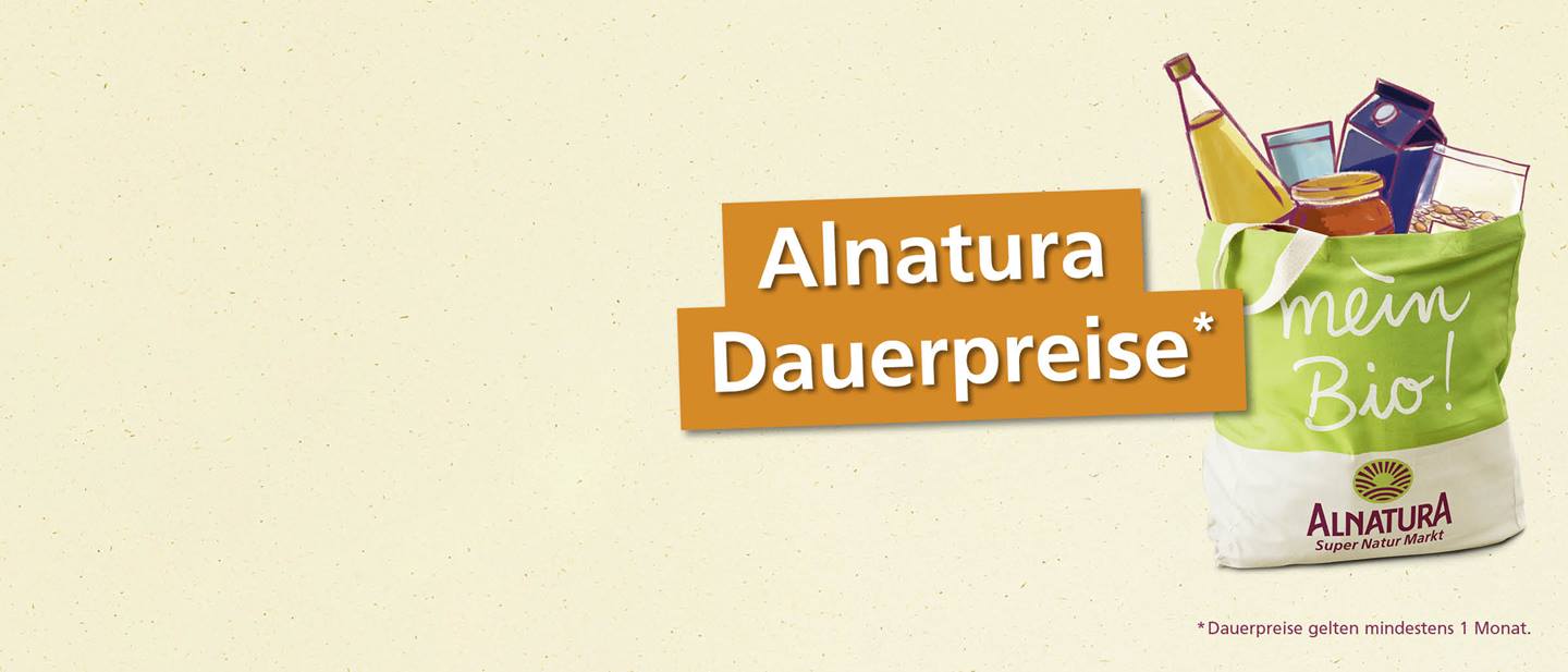 Alnatura Beutel mit illustrierten Produkten und der Schrift "Alnatura Dauerpreise"