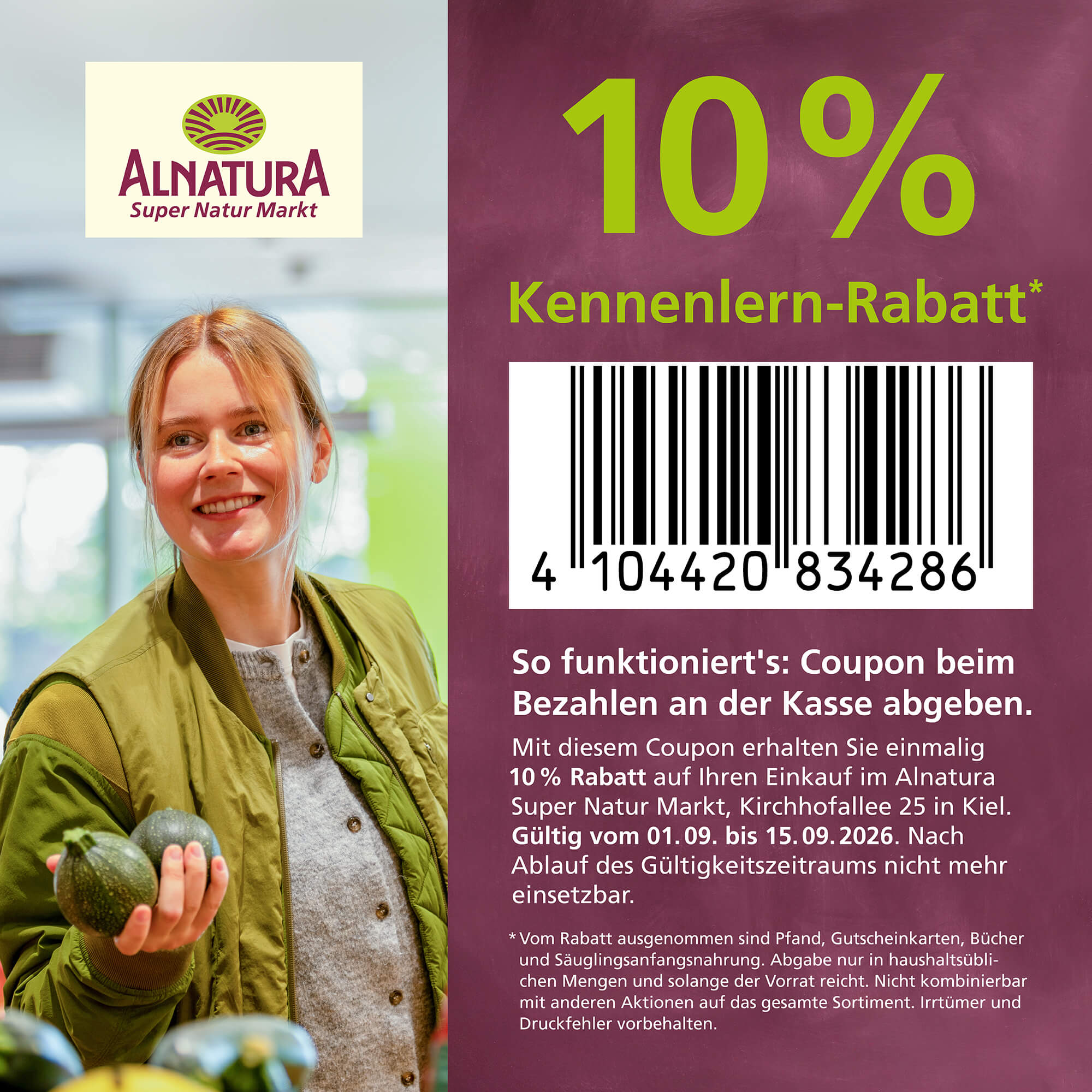Ein Alnatura Gutschein für 10% Kennenlern-Rabatt im Alnatura Super Natur Markt in Kiel, Kirchhofallee