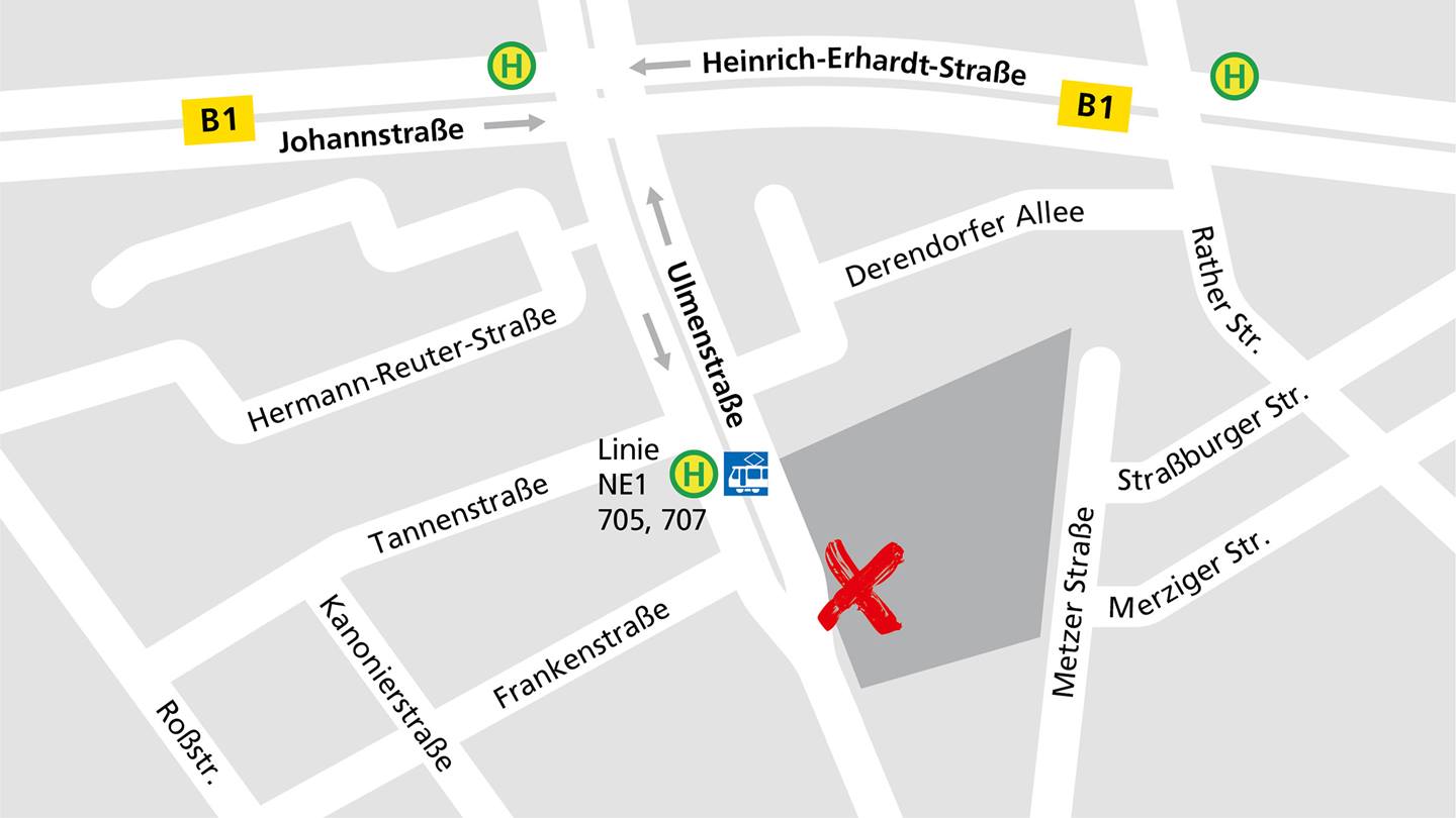Anfahrtsskizze vom Alnatura Düsseldorf in der Ulmenstraße