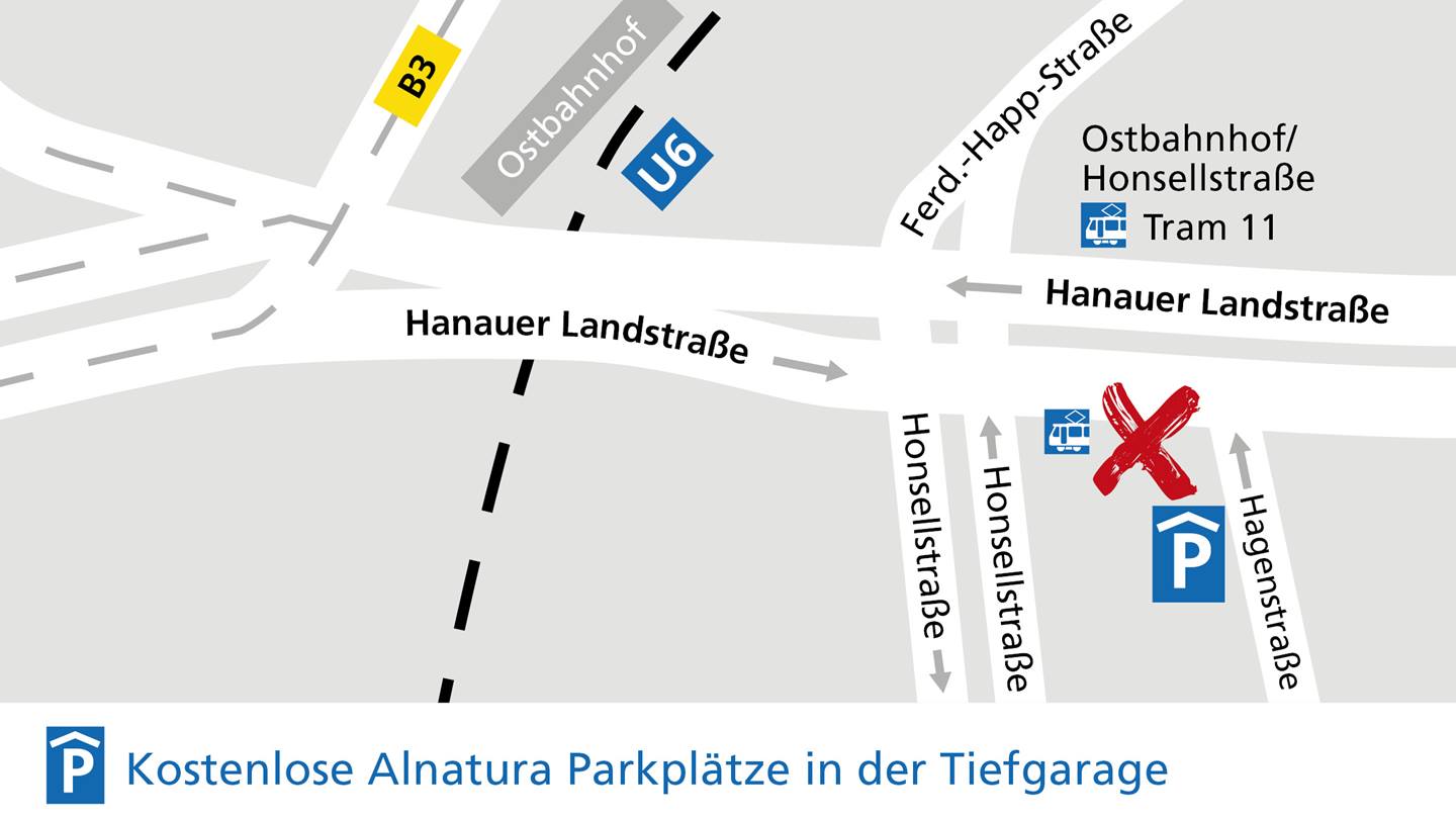 Anfahrt zum Alnatura Biomarkt in Frankfurt am Main-Ostend, Hanauer Landstraße 108