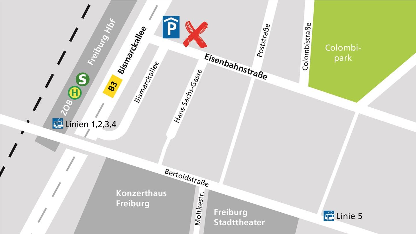 Anfahrtsplan zum Alnatura in Freiburg in der Bismarckallee 10