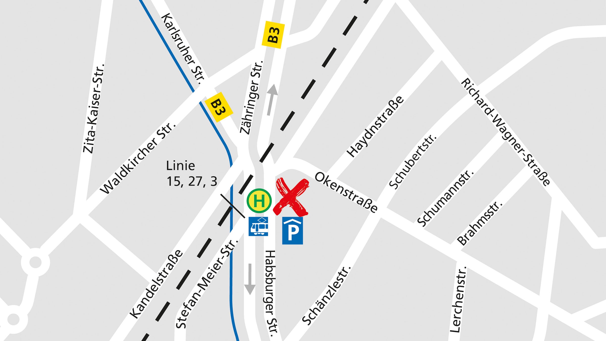 Anfahrtsskizze zum Alnatura Markt in Freiburg-Herdern, Habsburger Straße 5