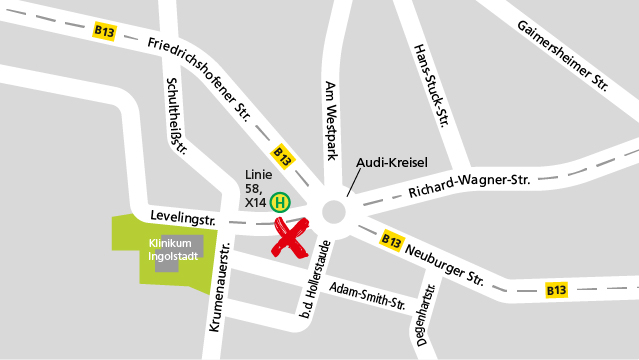 Lageplan für die Anfahrt zum Alnatura Super Natur Markt in Ingolstadt Levelingstraße 3 am Audi-Kreisel
