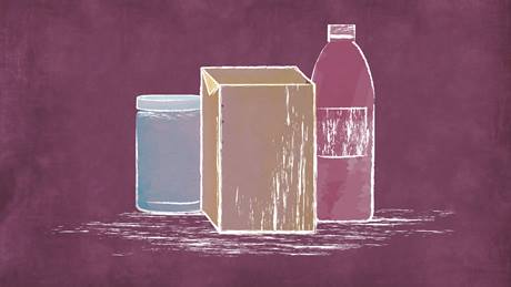 drei Verpackungen. Karton, Einmachglas, Flasche