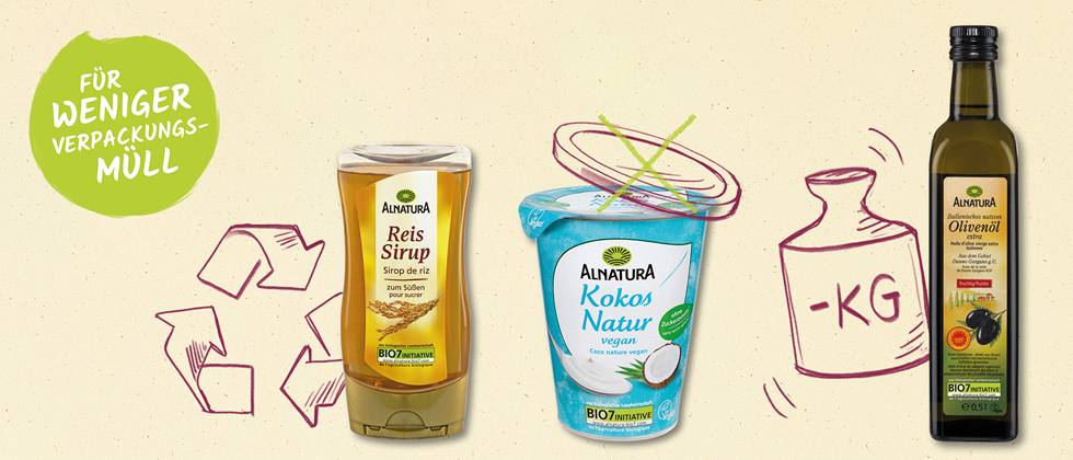 Drei Alnatura Produkte, bei denen die Verpackung optimiert wurde