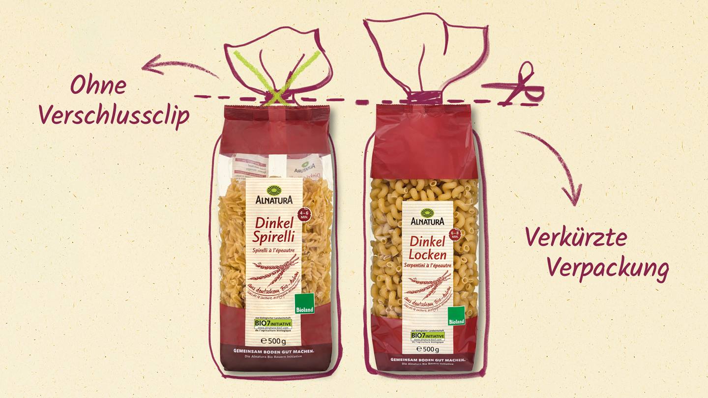 Ohne Verschlussclip – Optimierte Verpackung von Alnatura Produkten