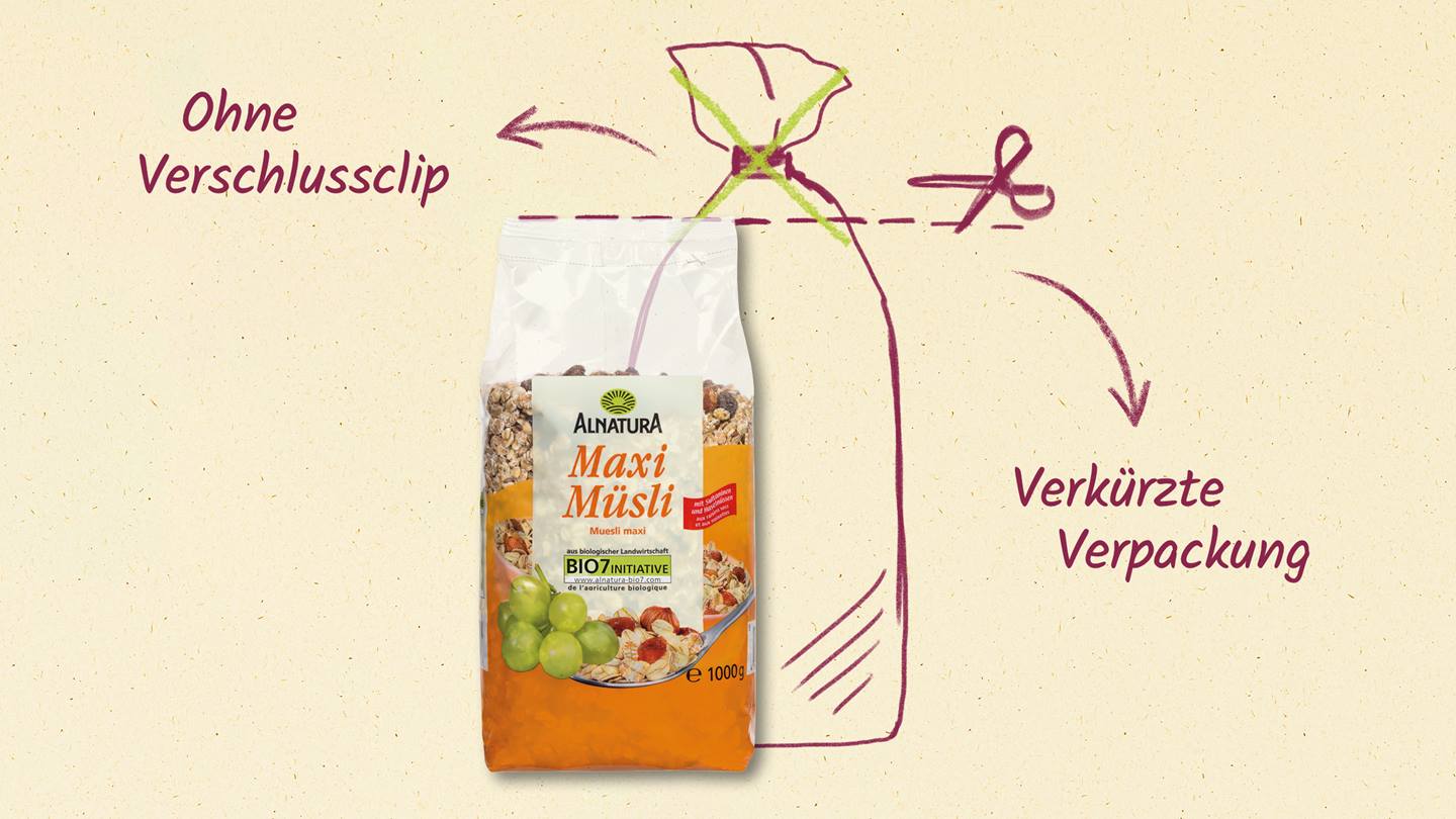Müsli ohne zusätzlichen Verschlussclip – Optimierte Verpackung von Alnatura Produkten