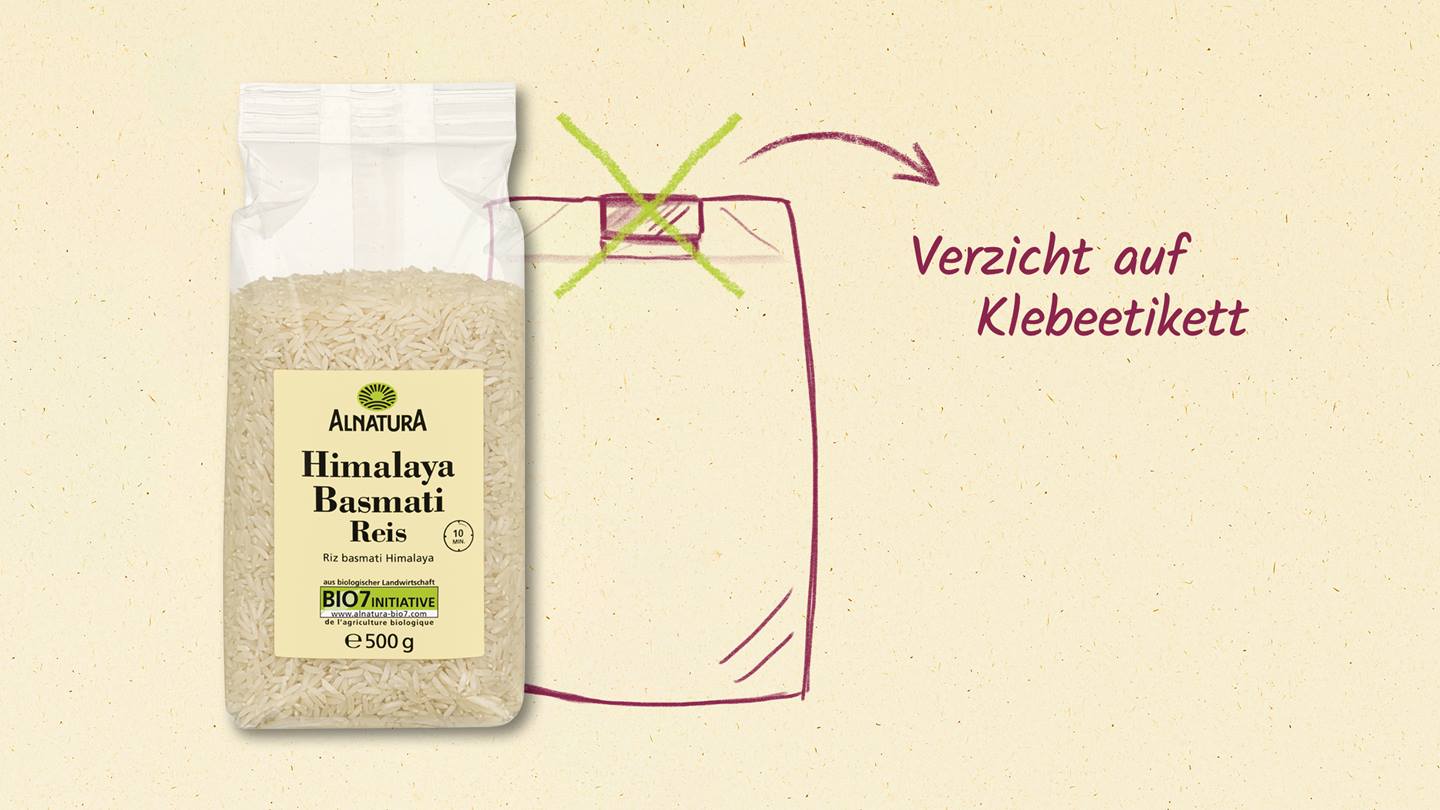 Reis ohne Klebe-Etikett – Optimierte Verpackung von Alnatura Produkten