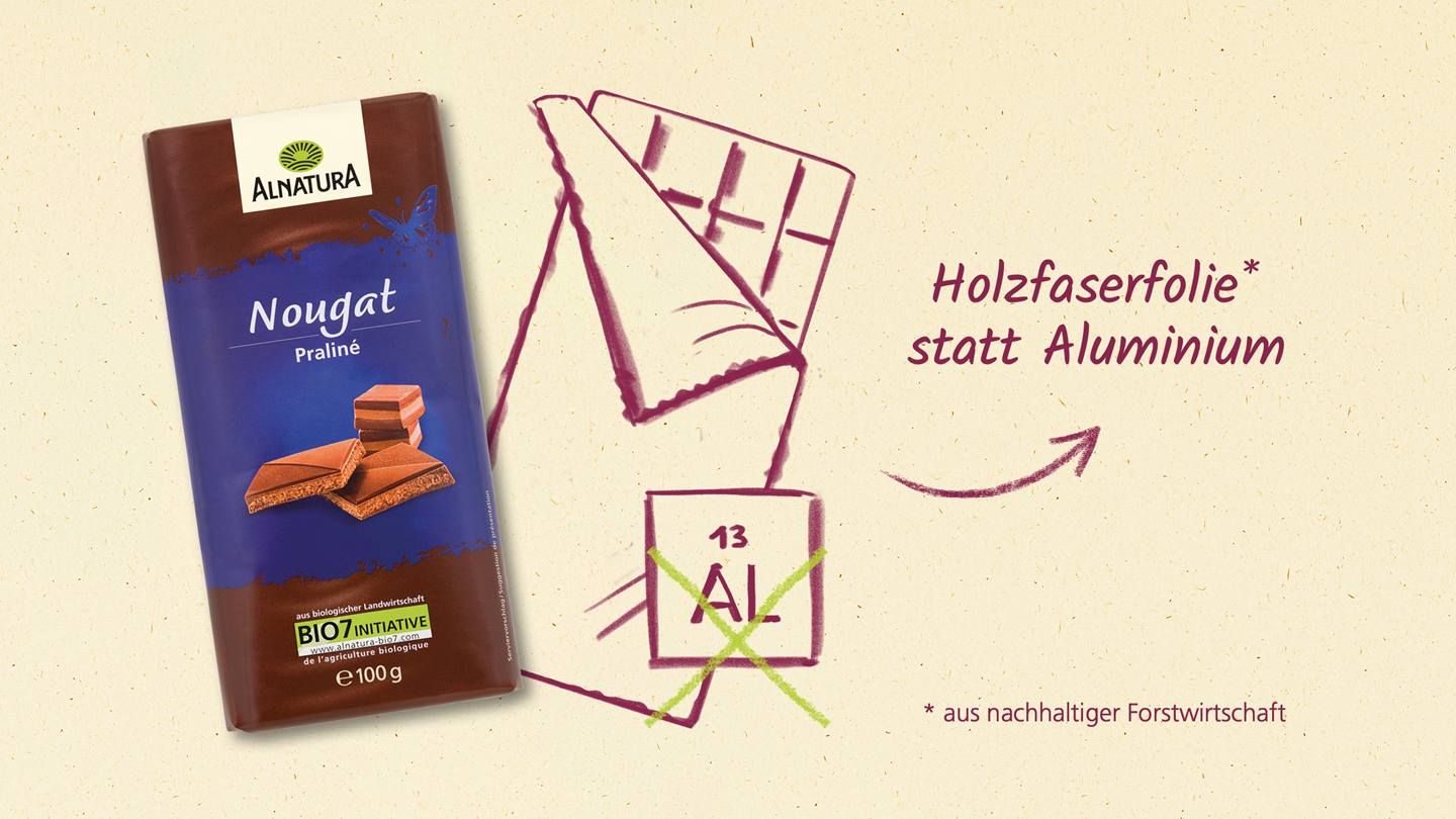 Schokoladenverpackung ohne Aluminium – Optimierte Verpackung von Alnatura Produkten