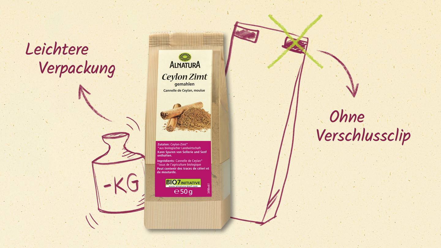 Zimt: leichterer Beutel und ohne Verschlusscli – Optimierte Verpackung von Alnatura Produkten