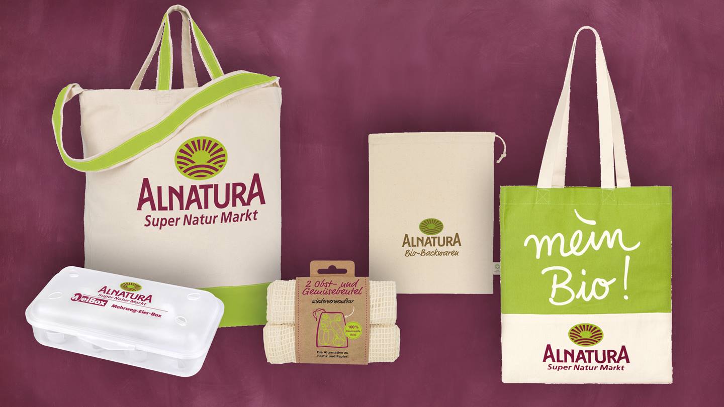 Alnatura Mehrweg-Verpackungen für Ihren Einkauf: Eierbox, Shopper, Einkaufsbeutel, Brot- und Gemüsebeutel aus Stoff