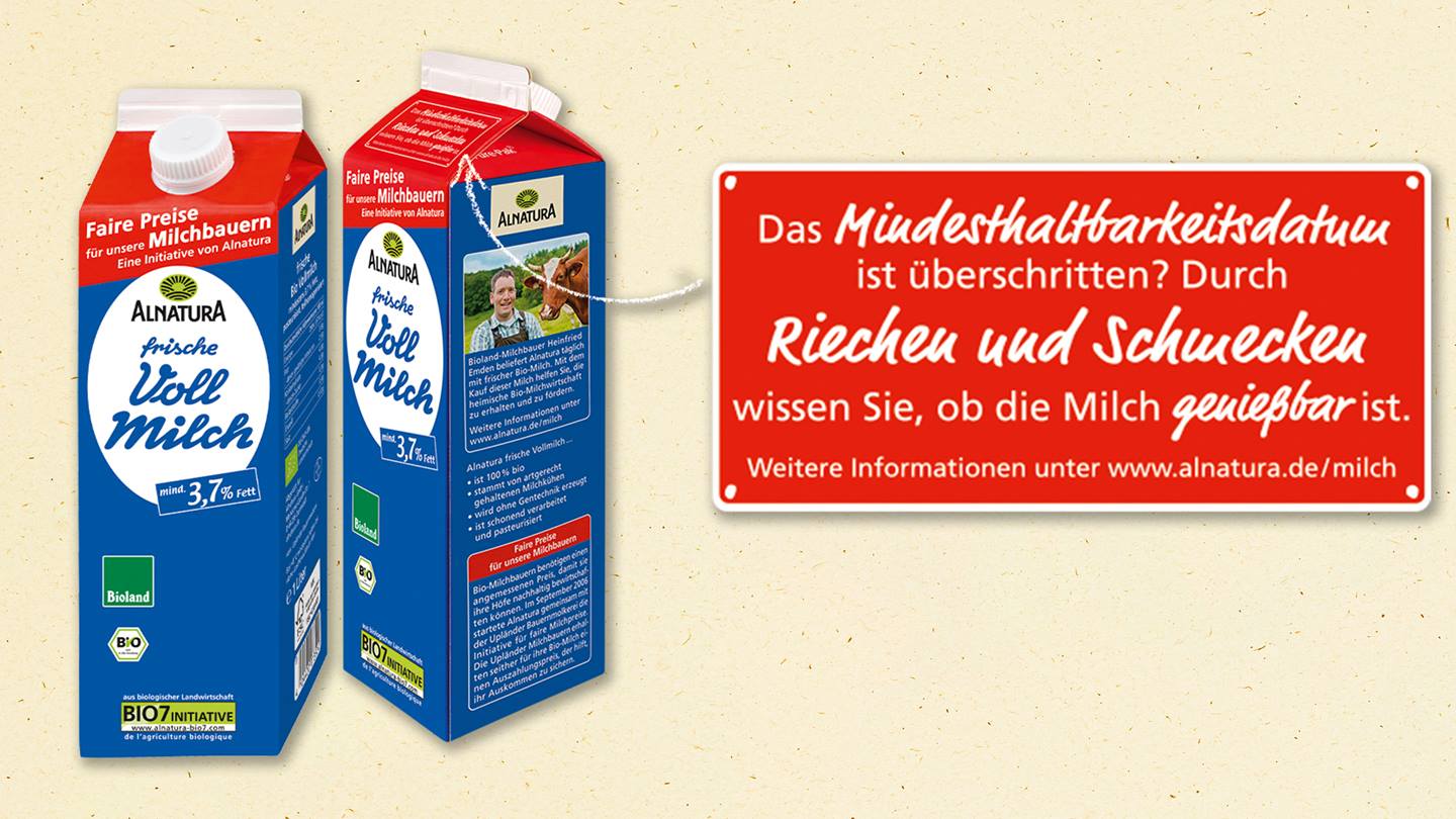 MHD-Hinweis auf Alnatura Milchpackung
