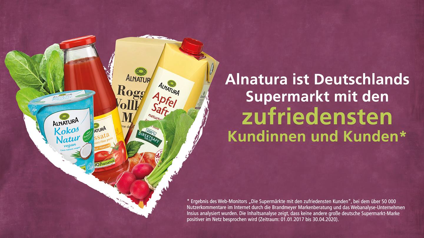 Herz mit Alnatura Produkten und Erläuterung zur Studie zu den zufriedensten Supermarktkunden Deutschlands