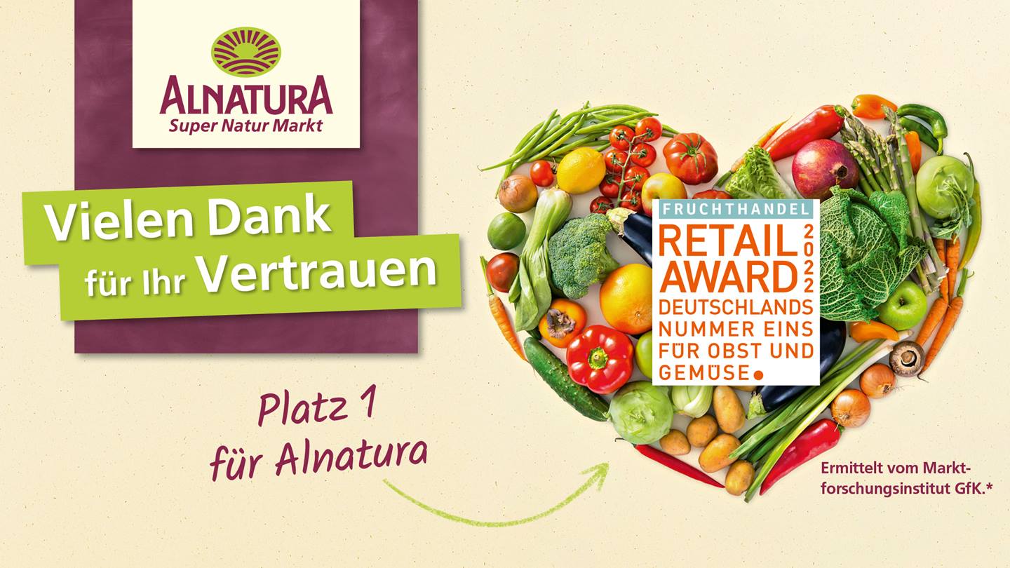 Fruchthandel Retail Award 2022 - Platz 1für Alnatura mit Schriftzug "Vielen Dank für Ihr Vertrauen"