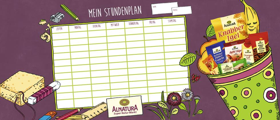 Schultüte mit Alnatura Produkten und Obst und Stundenplan