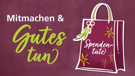 Illustration der Alnatura Spendentüte, dazu der Schriftzug "Mitmachen & Gutes tun"