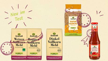 Neu im Test für Alnatura Produkte Hafer Crunchy, Weizen Vollkorn Mehl, Roggen Vollkorn Mehl, Dinkel Vollkorn Mehl und Tomaten Ketchup.