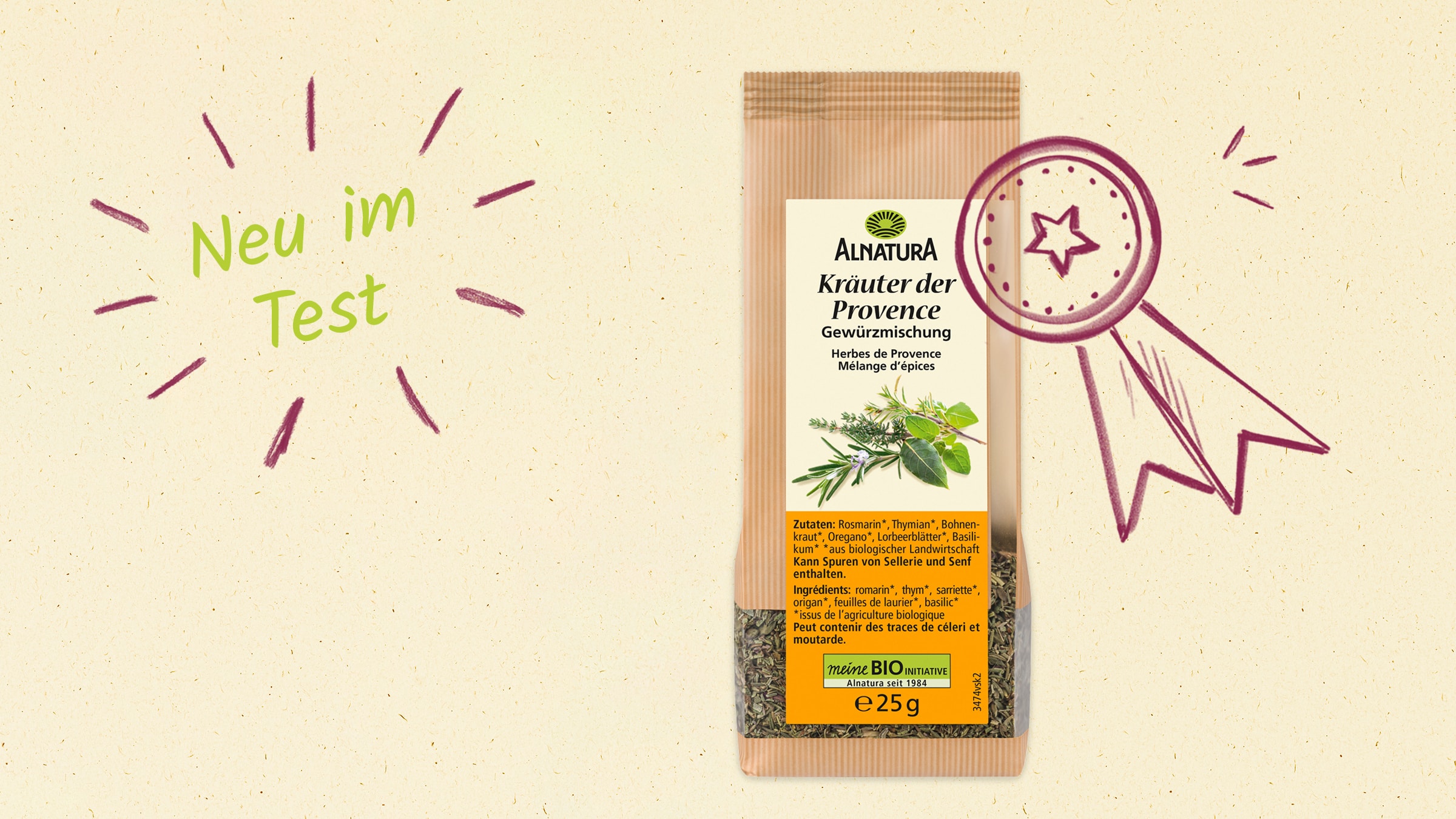 Ein Beutel Alnatura Kräuter der Provence mit der Aufschrift "Neu im Test" und einem gezeichneten Qualitätssiegel.