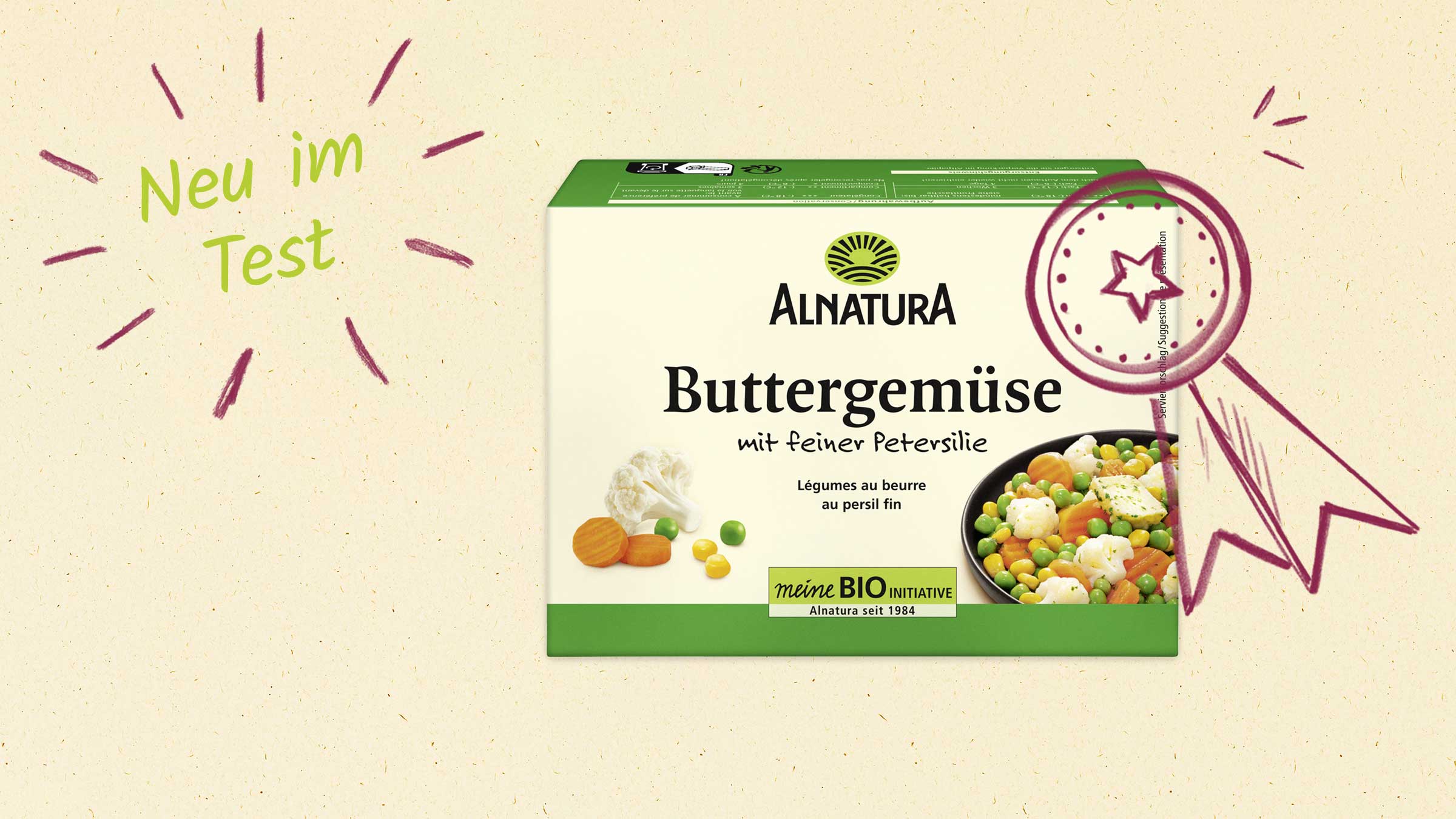 Eine Verpackung von Alnatura Buttergemüse mit Petersilie mit einer Auszeichnungsplakette. Links steht "Neu im Test".