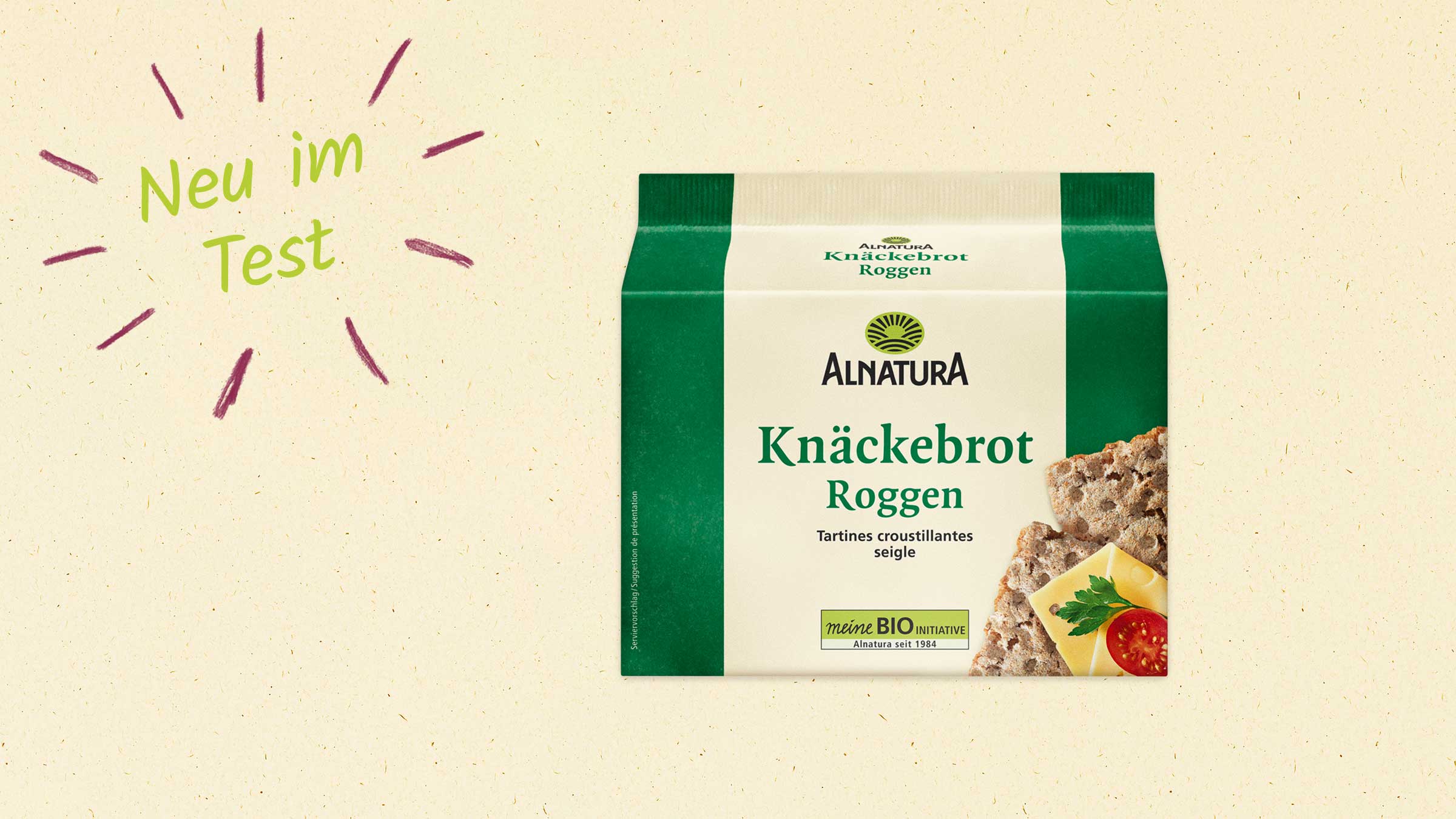 Ein Alnatura Knäckebrot Roggen ist zu sehen. Daneben steht "Neu im Test".