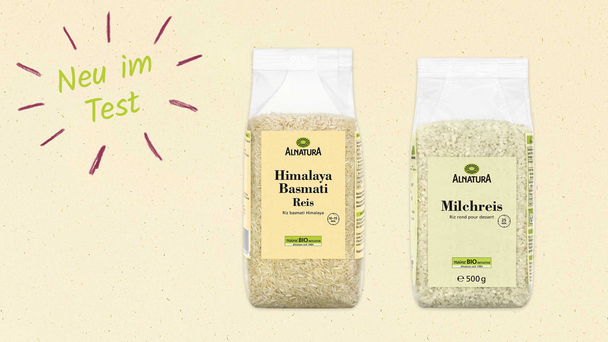 Eine Packung Alnatura Himalaya Basmati Reis steht neben Alnatura Milchreis. Daneben steht "Neu im Test".