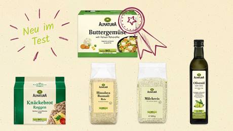 Das Bild zeigt verschiedene Bio-Produkte der Marke Alnatura, darunter Buttergemüse, Knäckebrot, Reis und Olivenöl, mit dem Hinweis "Neu im Test".
