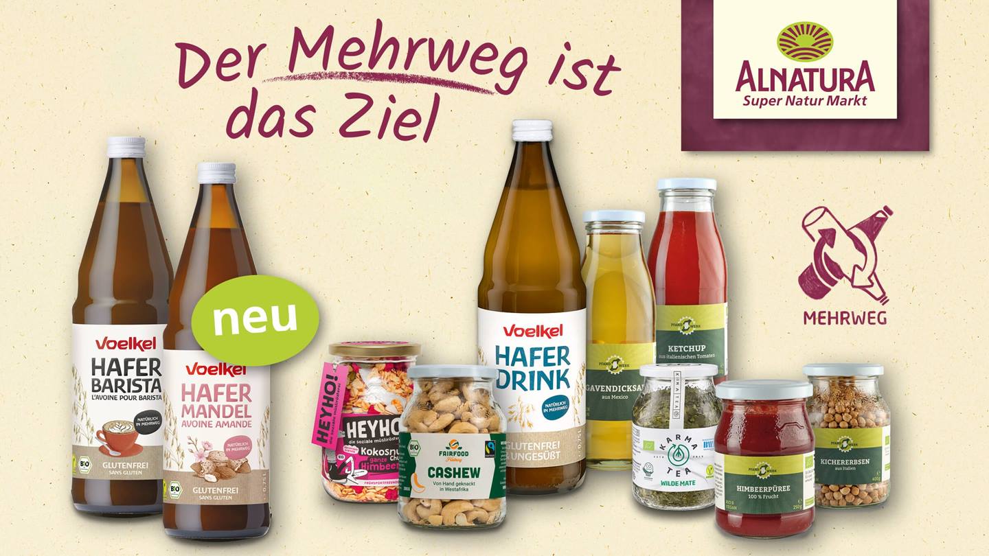 Bio-Mehrwegprodukte verschiedener Naturkostfachmarken
