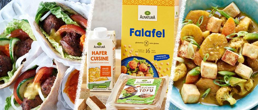 Dreigeteiltes Bild mit veganen Alnatura Produkten, einem Falafel- und einem Tofu-Gericht