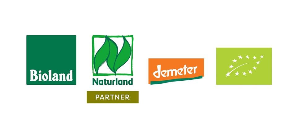 4 Logos: Bioland, Naturland, Demeter und EU-Biosiegela