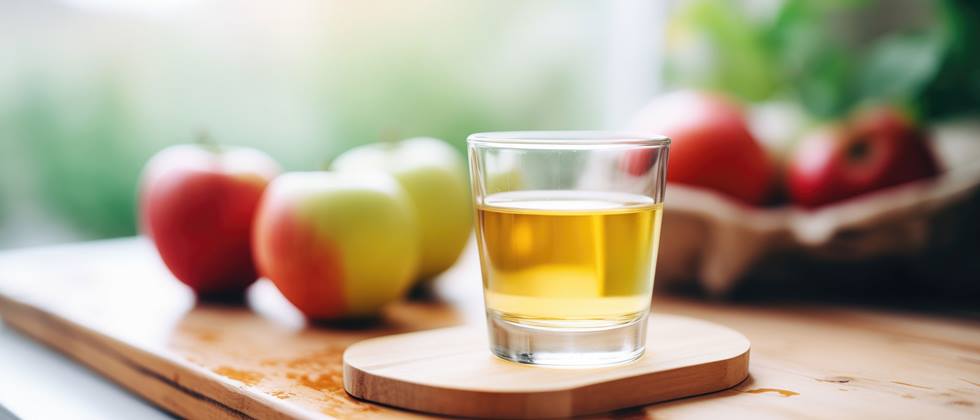 Apfelessig im Glas auf einem Brett stehend und Äpfeln im Hintergrund