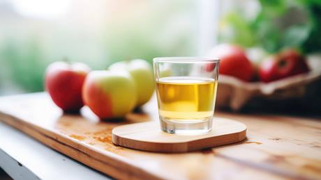 Apfelessig im Glas auf einem Brett stehend und Äpfeln im Hintergrund