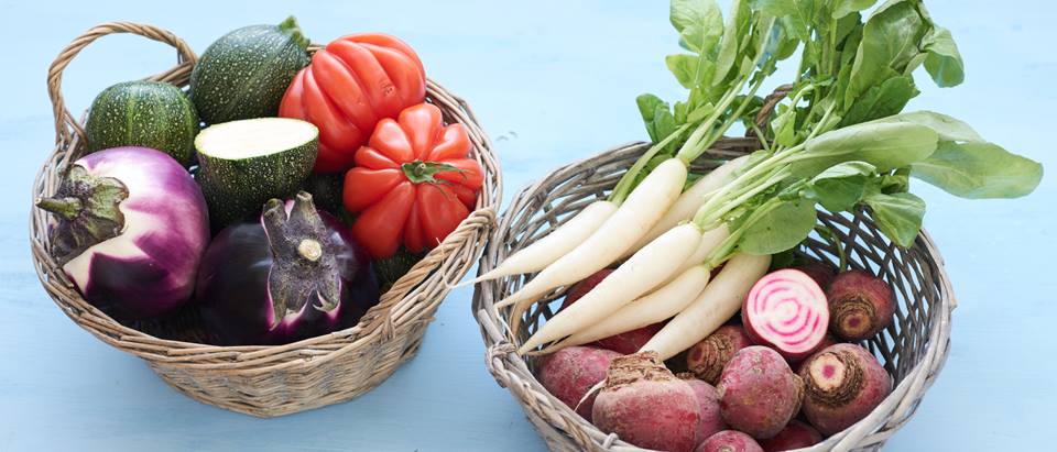 zwei Körbe gefüllt mit Obergine, Zuchini, Tomate, Rettich und Rote Beete