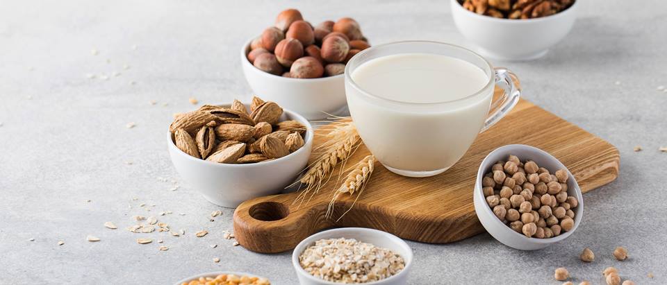 Laktosefreie Milch im Glas und Haferflocken und Nüsse in Schälchen