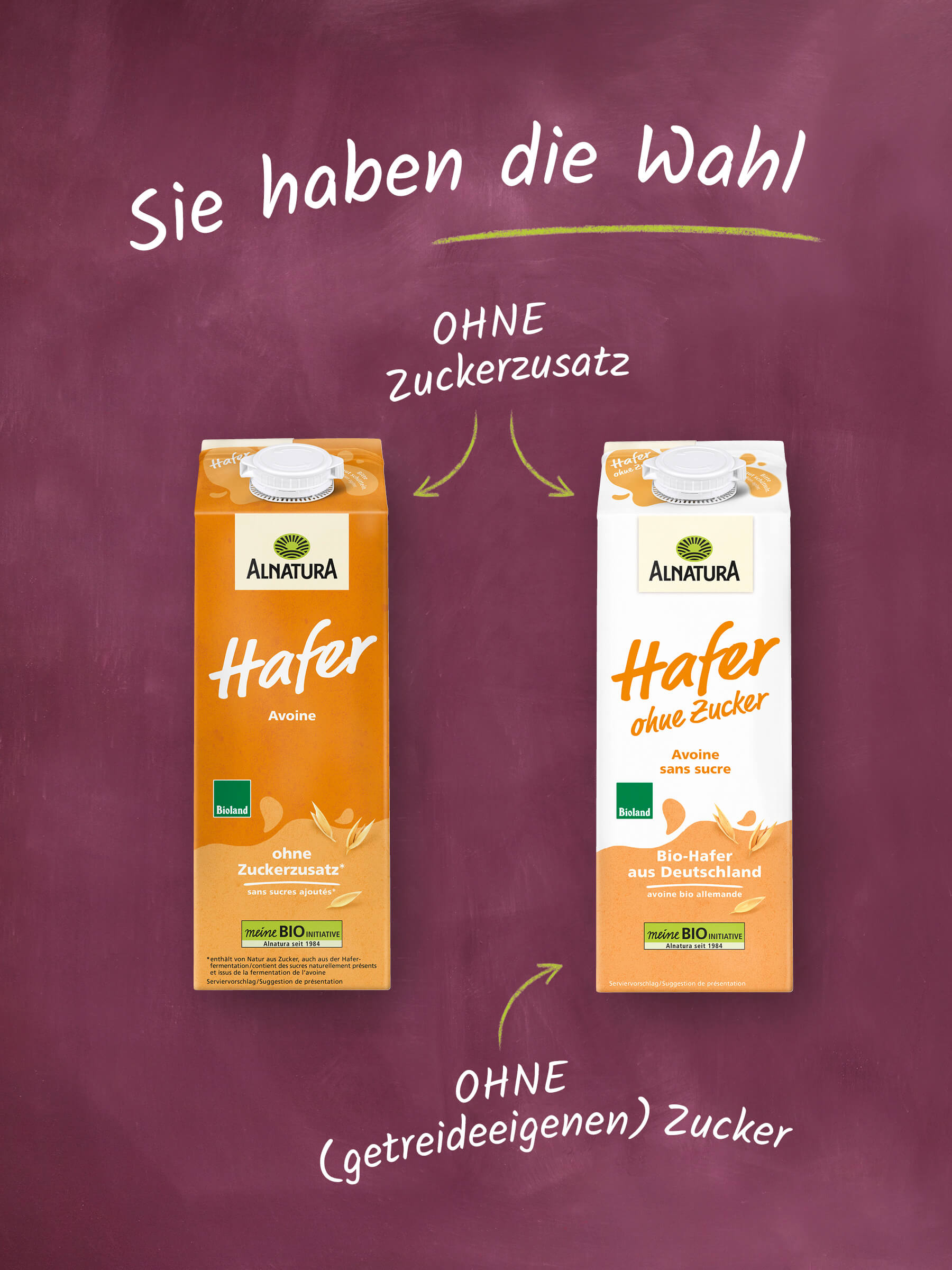 Es werden zwei Produkte, der Alnatura Haferdrink und der Alnatura Haferdrink ohne Zucker gezeigt.