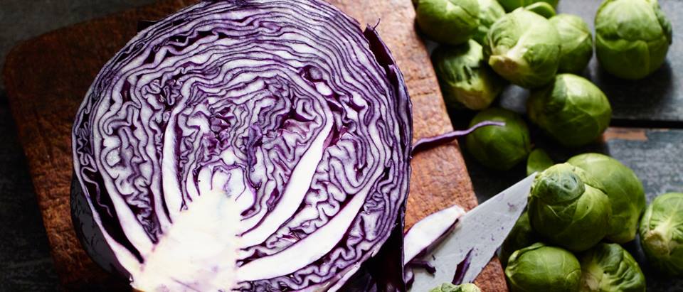 aufgeschnittener Rotkohlkopf, Rosenkohl roh