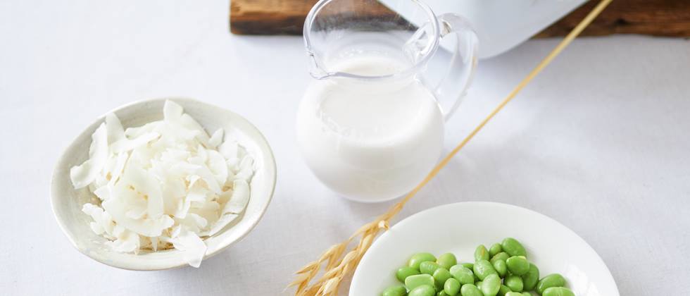 Vegane Sahnealternative in kleinem Glaskrug und Schalen mit Kokosflocken und Sojabohnen