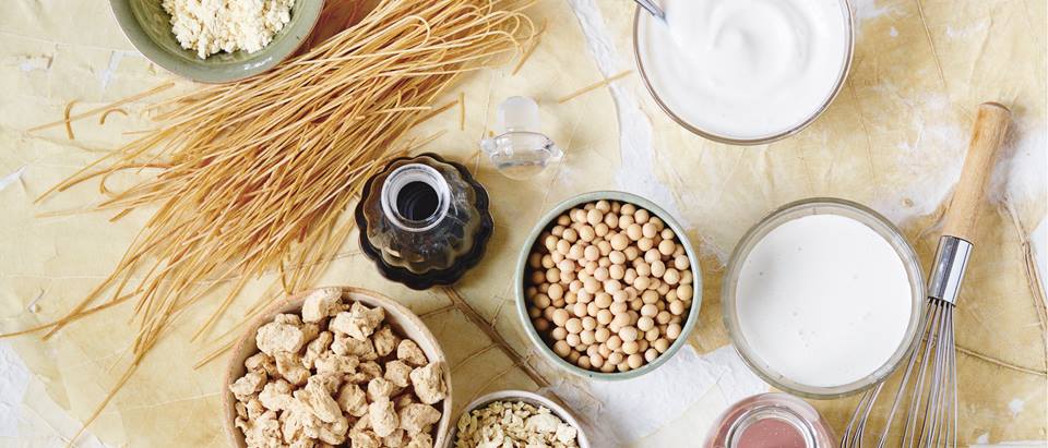 Sojaprodukte: Sojasahne, Sojamilch, Sojabohnen und Tofu