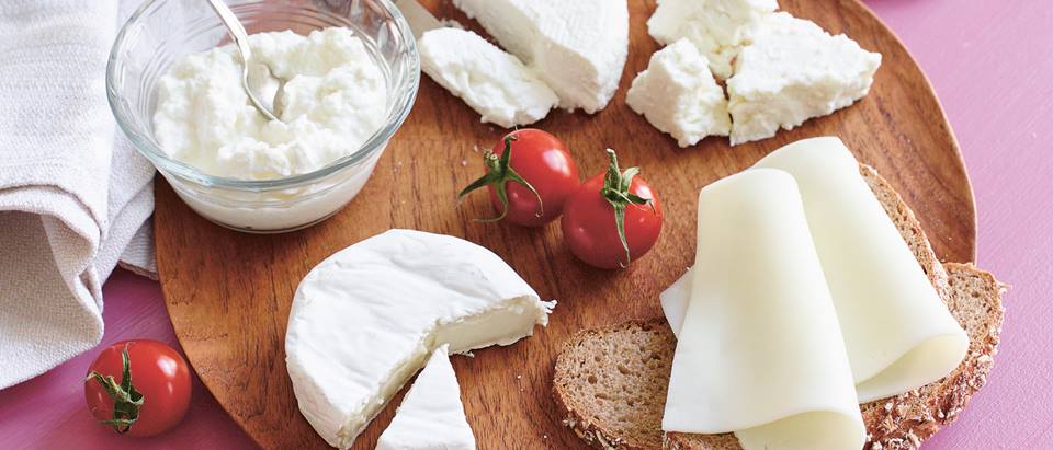 verschiedene Käsesorten: Zigenscheibenkäse, Fetakäse, Ziegeweichkäse, Tomaten, Joghurt, Brotscheibe