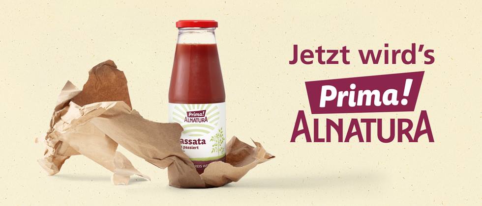 Passata mit Schriftzug "Jetzt wird's Prima! Alnatura"